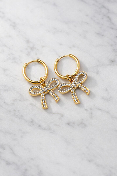 THE Steel Gold Color Zircon Stone Bow Figure Earrings