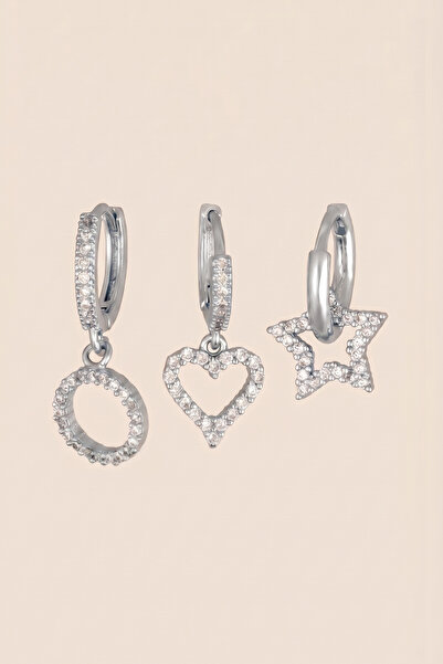Hetra Silver Color Zircon Stone Heart Hoop and Star 3-Piece Hoop Earring Set