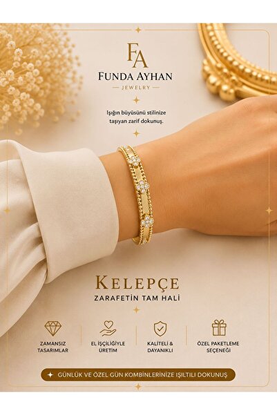 FTA TİCARET Funda Ayhan Jewelry Gold Renk Zirkon Taşlı Kelepçe Bileklik