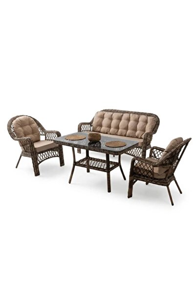 DEMHARİS Rattan Bahçe Balkon Oturma Grubu Cam Masalı 3+1+1 Minderli Dış Mekan...