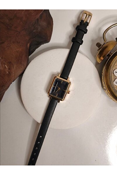 ABAGROUP Women's black leather strap gold rectangular case wristwatch