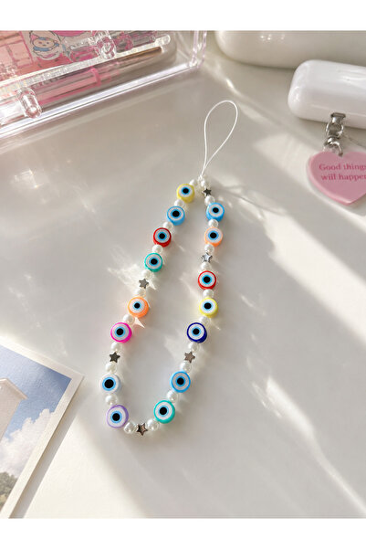 MİRAZ TASARIM Colorful Fimo Evil Eye Beaded Phone Charm |   Pearl Detailed Ph...
