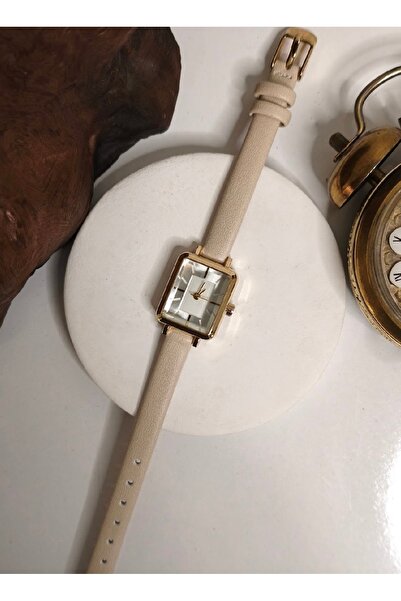 ABAGROUP Women's Beige Leather Cord Gold Rectangular Case Wristwatch