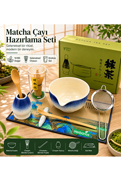 Herbarius 6 Parça Mavi Beyaz Renk Matcha Çayı Hazırlama Seti - Geleneksel Jap...