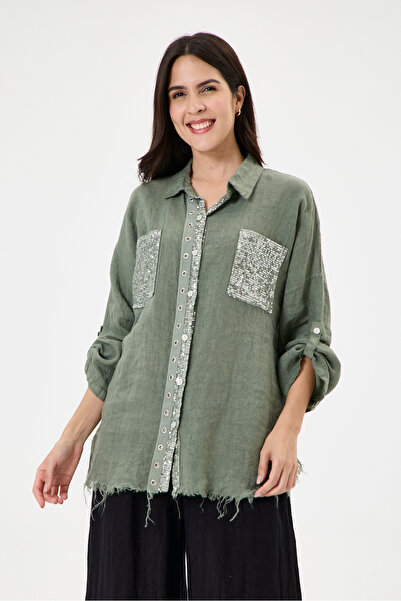 della moor Women's Khaki Italian 100% Linen Sequined Ring Stripe Oversize Lin...