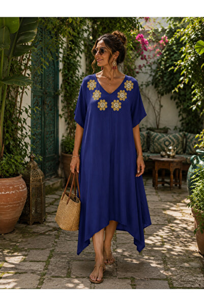 TUSSE Elegant Floral Embroidered Viscose Skirt Asymmetrical Viscose Short Sle...