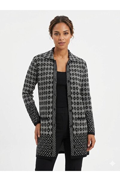 kahve lekesi Women's Black and White Diamond Patterned Buttoned Long Knitwear...