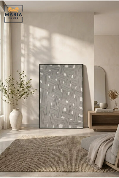 MARIA HOMES Gray Woven Texture Abstract Wall Art with Black Frame – Modern Ge...