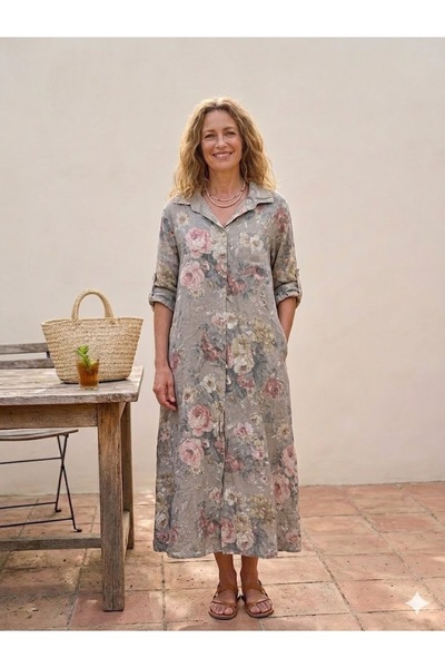 AYASOFYA OTANTIK Women's Italian Tie Dye Rose Pattern Long Sleeve Long Linen ...