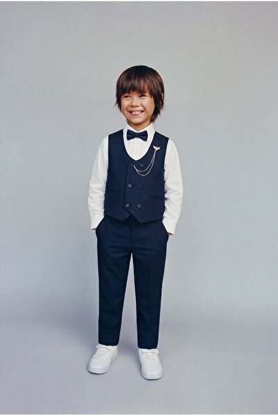 Magu Boy's Navy Blue Vest Shirt Pants Set
