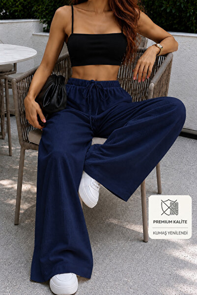 Sun Victoria Women's Navy Blue Linen Blended High Waist Loose Wide Leg Palazz...