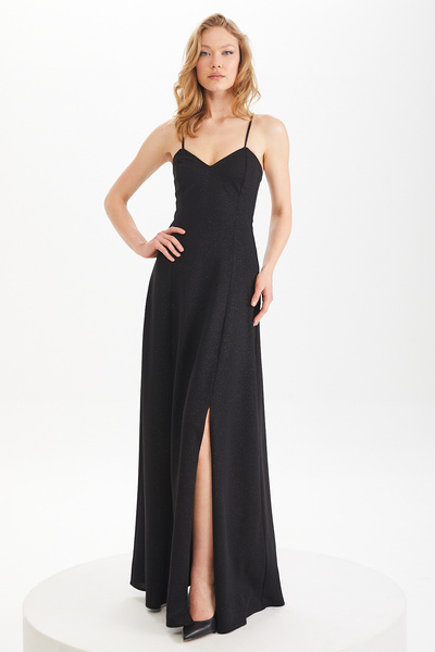 IMBUE Slim Straps, Backless, Slit, Glittery Black Long Formal Dress