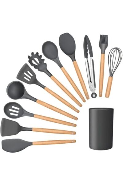 ECVV Silicone Cooking Kitchen 12PCS Wooden Utensils Set for Nonstick Cookware