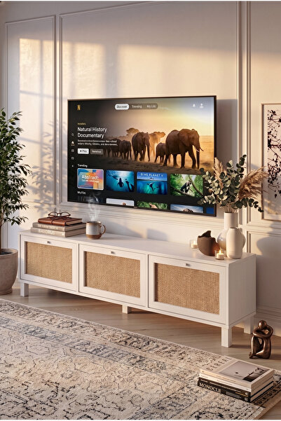 Yurudesign Dune Tv Ünitesi Sehpası Ahşap Ayaklı 3 Ahşap Jüt Kapaklı 180cm Bey...