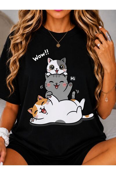EYMORA Cute Kitten Figure Crew Neck T-Shirt