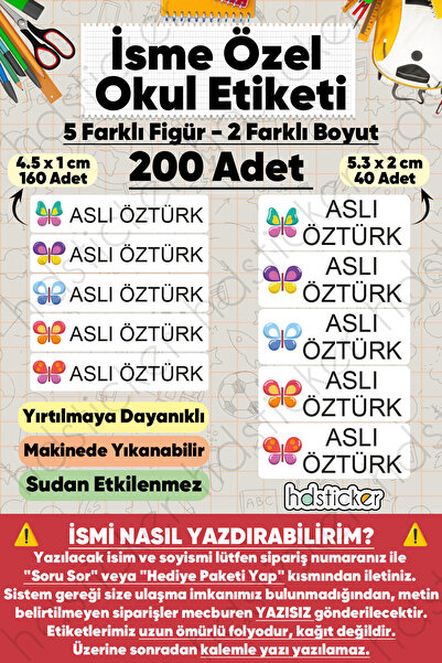 hdsticker 200 Adet Kelebek Desenli İsme Özel Okul Etiketi Kişiye Özel İsim Ba...