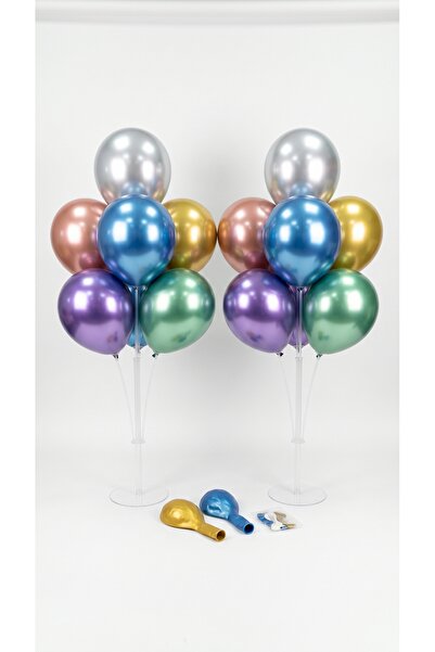 Öz-bal 7 Balloon Stand Set 2 Pieces and 14 Mixed Color Chrome Shiny Balloons ...