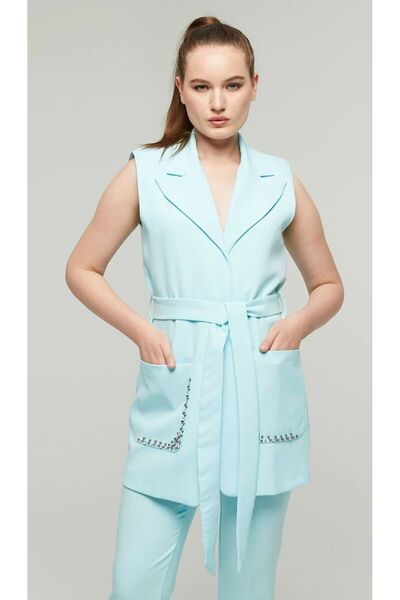 modahira Moda Hira Kadın Mavi Cepleri Taş Detaylı Kuşaklı Kumaş Yelek
