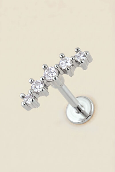 Hetra Gümüş Renkli Cerrahi Çelik Kavisli 5 Zirkon Taşlı Flatback Piercing - H...