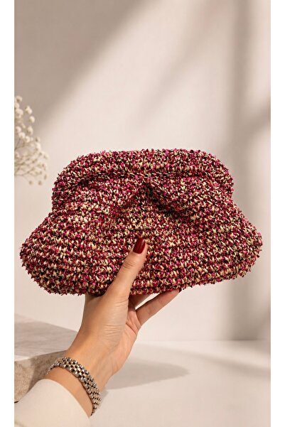 Pullu Raffia Clutch Çanta – El Yapımı Hasır Gece ve Davet Çantası