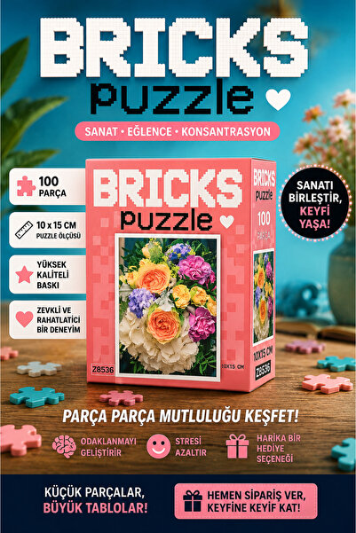 kidssan games BRICKS Puzzle Renkli Çiçek Buketi – 100 Parça Mini Puzzle (10x1...