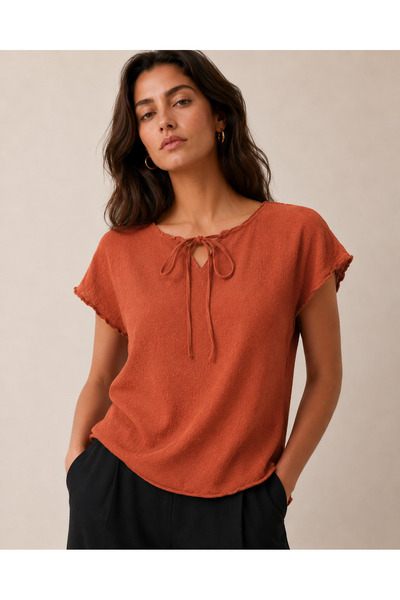 just wear zt Women's Slit Detailed Lace-Up Collar Comfortable Fit Blouse