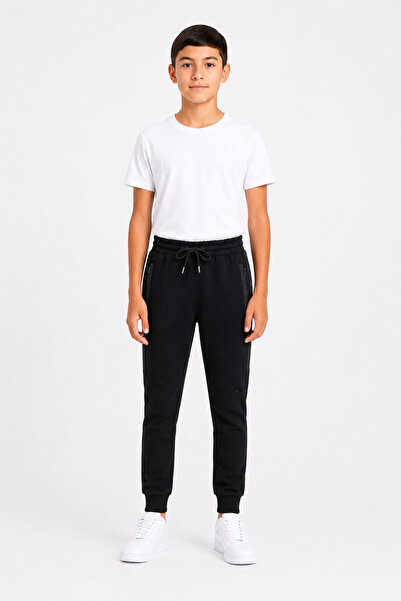 Marco Ferry Boy's Cotton Striped Detailed Sweatpants Black-26119