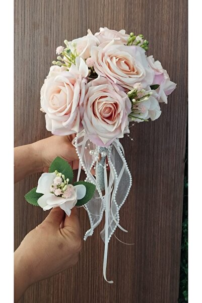 PEMBE GÜL GELİN BUKETİ & DAMAT YAKA ÇİÇEĞİ SET