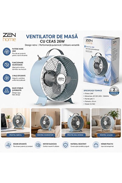 ZEN HOME Ventilator de Masă cu Design Retro, 26W, 3 Trepte de Viteză, Ø26 cm,...