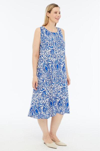 Sedef Moda Evi Fashion |   Plus Size Blue Wave Patterned Summer Dress |   100% Viscose |   Flowing |   Daily Comfortable |   M