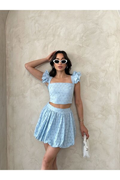 Bella Breeze Women's Scallop Embroidered Crop Blouse Balloon Mini Skirt Set
