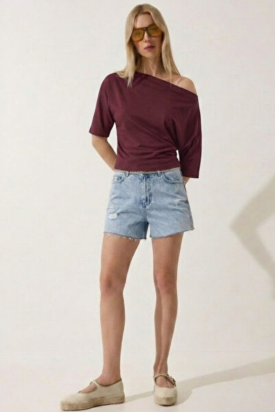 COMBİNE MİCHAİL Women's Off-The-Shoulder Short Sleeve Burgundy Tight T-Shirt