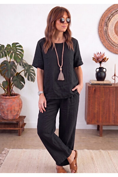 Little Visqon Women's Linen Textured Loose Fit Pants and Blouse Two-Piece Set