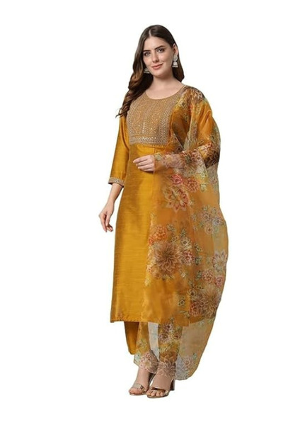 MYSMAR Mustard Yellow Silk Blend Embroidered Kurta Pant Set - AMZ1013 | Musta...
