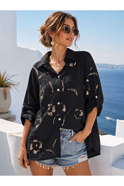 Butik Şans Women's Sequin Detailed Oversize Italian Cotton Shirt