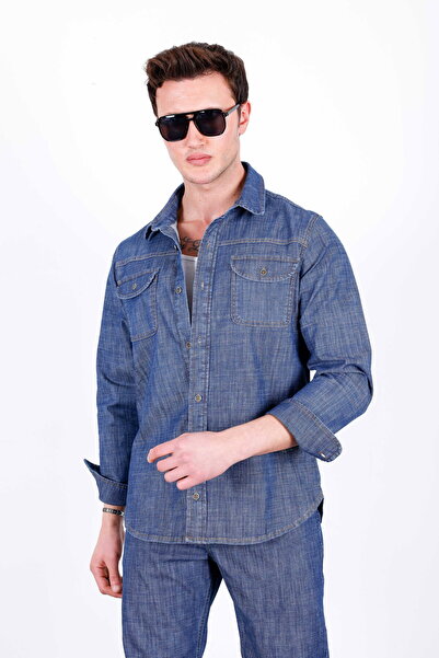 HLT JEANS Erkek Yazlık Koyu Mavi Likralı Denim Regular Kalıp Düğmeli Kot Göml...