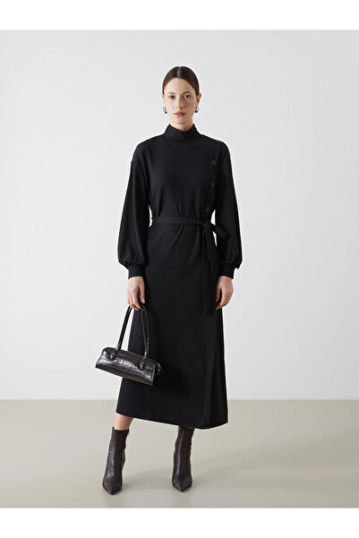 LC Waikiki Black Stand Collar Textured Dress