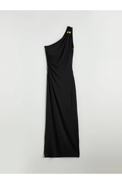 LC Waikiki Black One Shoulder Shirred Dress