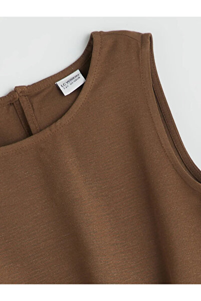 LC Waikiki Brown Crew Neck Linen Blend Girls' Blouse