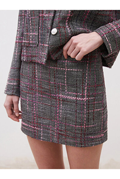 LC Waikiki Burgundy Slim Fit Plaid Tweed Mini Skirt