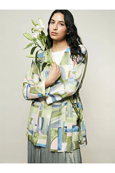 LC Waikiki Green Shawl Collar Patterned Oversize Women's Kimono