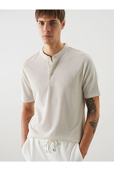 LC Waikiki Beige Hakim Collar Patterned Buttoned Men's Textured T-Shirt