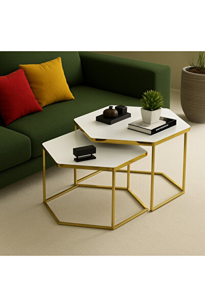 Vivendo Set de 2 masute hexagonale, design Modern si Elegant cu Cadru Auriu s...