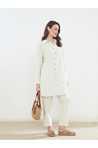 LC Waikiki Beige Elastic Waist Striped Linen Blend Women's Trousers