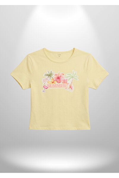 qubprive Sunset Cocktail Sarı Tropikal Baskılı T-shirt