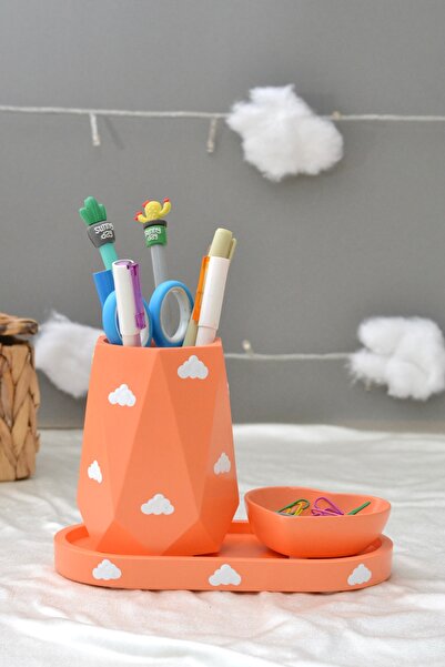 Bi' Dolu Dükkan Cloudy Pastel Orange Organizer Set (3 Pieces) (Pen Holder, Ov...