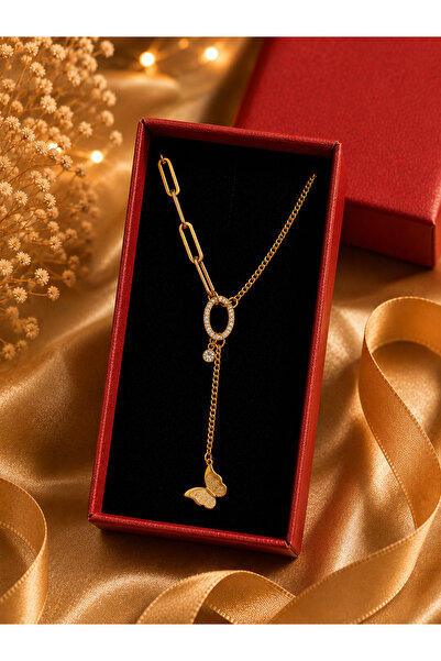 PULİNİN DÜKKANI Asymmetrical Necklace with Butterfly Figure – Elegant and Mod...
