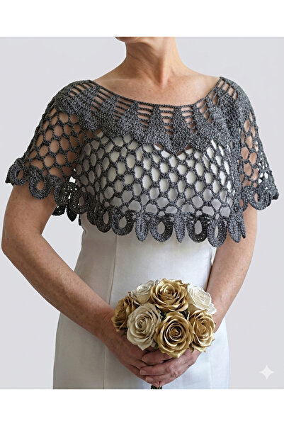 MEGAHAN BOUTIQUE Megahan abıye tıg ışı el örgü delıklıbeyaz bolero