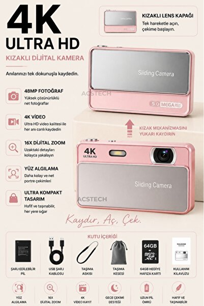 ACSTECH 4K Sliding Dijital Fotoğraf Makinesi | 16X Zoom | 2.8 İnç IPS Ekran |...
