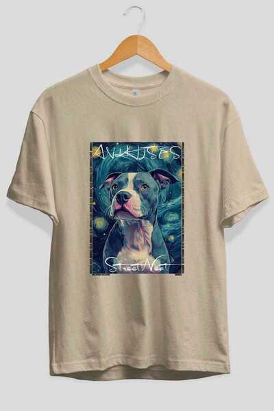Ankhises For Dog Lovers 20 Front Dog Prints Beige Oversize T-Shirt 100% Cotto...